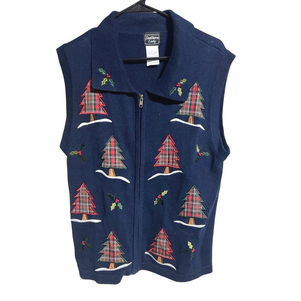 Southern Lady Vintage Navy Blue Plaid Christmas Tree Zip Up Sweater Vest Small